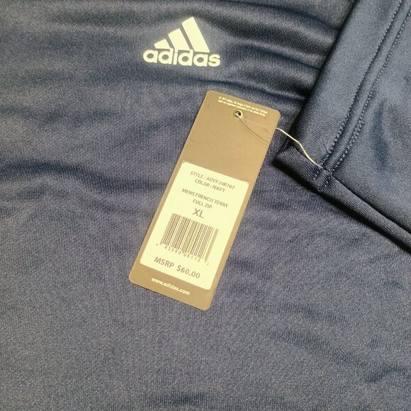 NWT Adidas Golf Men’s XL French Terry Full Zip Jacket Navy 3-Stripes Performance - Picture 7 of 7